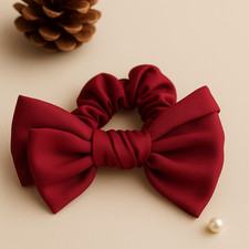 Luxury Silk Red Hair Bow Scrunchie Elegant Women s Hair Accessory, Premium Fab