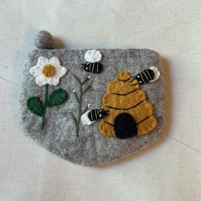 Felted Clutch Bumble Bee Hive Handmade Embroidered Grey 6.5 Wide X 5  Length