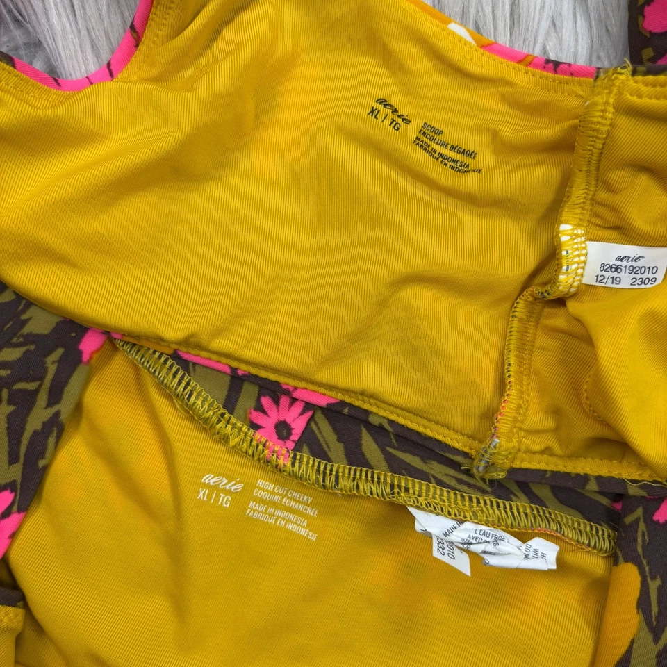 Aerie Women's XL Pink Green Yellow Floral Bikini Swimsuit High Cut Cheeky Scoop - Image 4 of 4