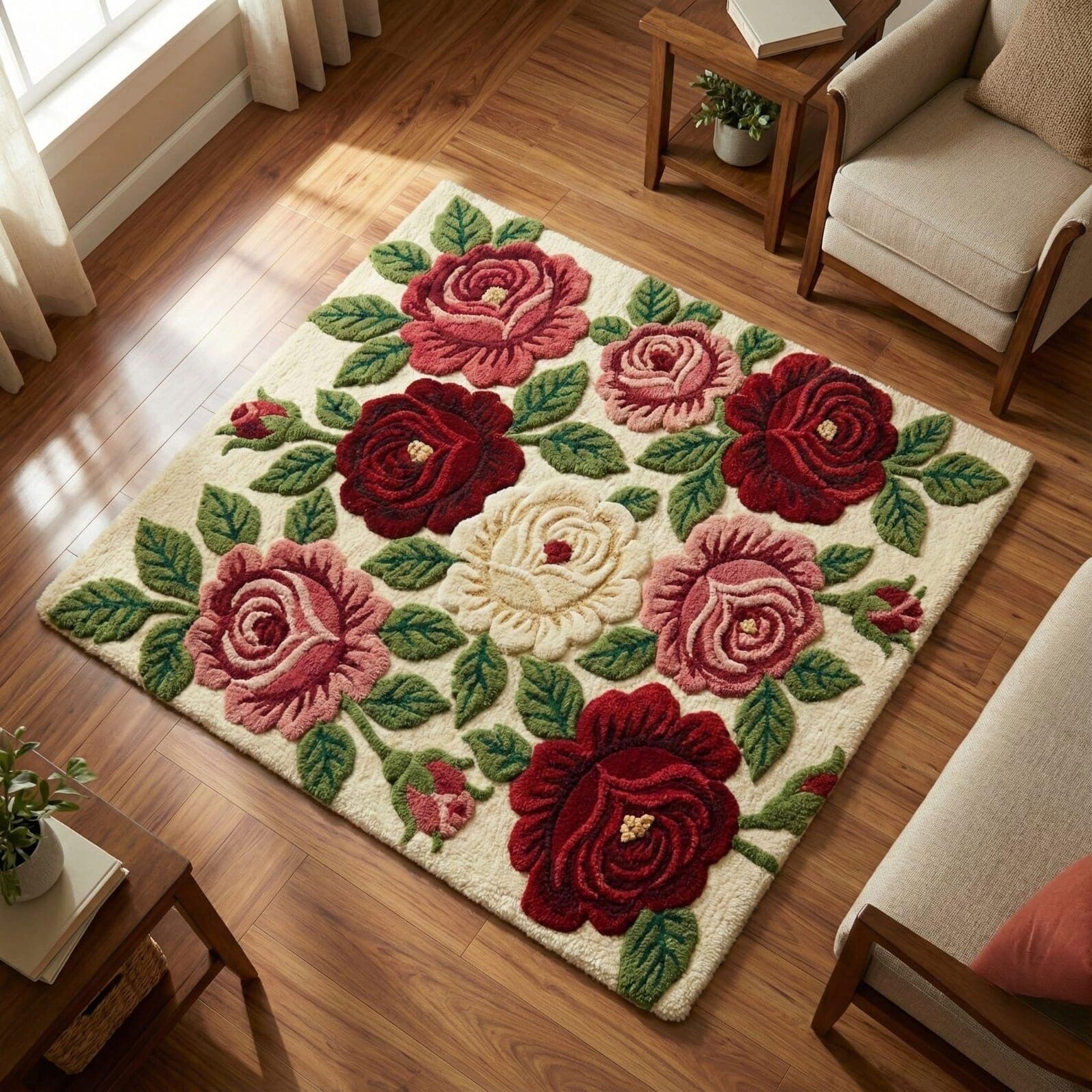 Hand-Tufted Wool Rose Rug – Cream & Red Floral Carpet