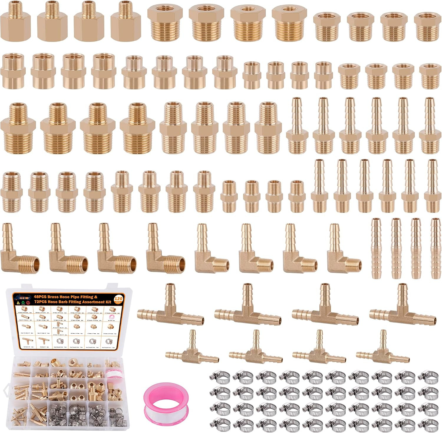 120Pcs Brass Hose Pipe Fitting & Hose Barb Kit for Air/Fuel/Water/Oil Hose