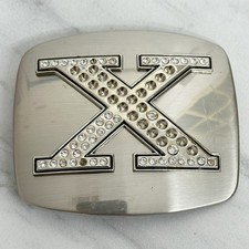 Rhinestone Studded X Letter Initial Monogram Silver Tone Belt Buckle