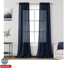 Navy Blue Boho Curtains for Bedroom Back Tab Rod Pocket Semi Sheer Linen Curt...