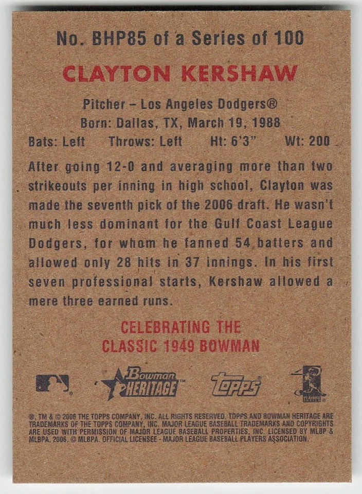 Bowman Heritage #BHP85 2006 Clayton Kershaw béisbol Los Angeles Dodgers Foto 2 de 2