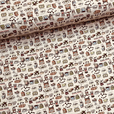 Meterware Baumwollstoff Patchwork 50 cm Cafe Time Kaffeemühle Tasse Kaffeebohnen