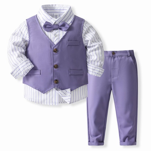 Boys 3Pcs Clothing Sets Long Sleeve Bowtie Shirts +Vest +Pants Casual Suit Pu...
