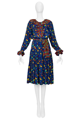 VINTAGE YVES SAINT LAURENT YSL BLUE FLORAL WITH PLAID TRIM DRESS 1980 | eBay VINTAGE YVES SAINT LAURENT YSL BLUE FLORAL WITH PLAID TRIM DRESS 1980 | eBay