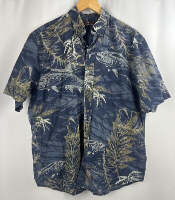 Vintage CAFE LUNA  SZ Medium 38/40 FISH HAWAIIAN PRINT CASUAL SHIRT Blue