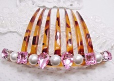 French Twist hair comb Pink Rhinestones and Simulated Pearls, Large hair comb