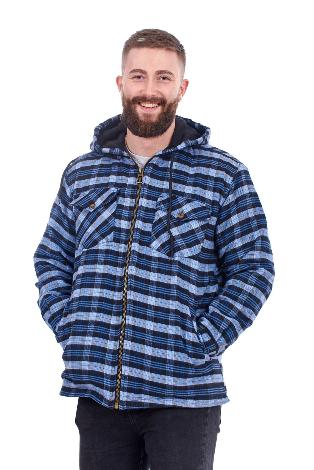 Mens Flannel Padded Work Shirt Hooded Quilted Yarn Dyed cotton Lumberjack Jacket