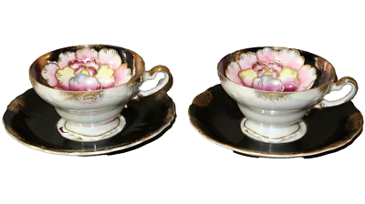 #ad Pair Royal Sealey China Teacups Tea Cups amp; Saucers Lusterware Flower Black Gold $18.67