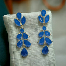 Earrings, Long Dangle Blue Faceted Stone Pierced Stud Earrings C143 