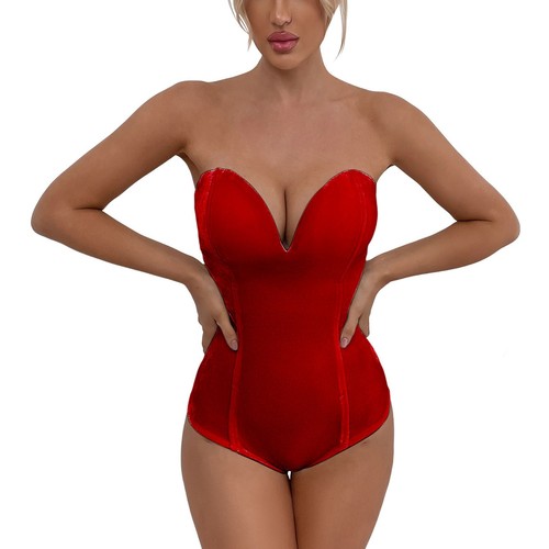 Women Sexy Bandeau Back Lace Up Velvet Bodysuit Plunge Neck Strapless Cross Back - Picture 34 of 59