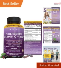 5-in-1 Elderberry Capsules with Vitamin C, D3 & Zinc - 120 Count Immune Support