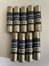Lot of 9 Bussmann BAF-15 (BAF15) 15 Amp (15A) 250V Fast Acting Midget Fuses