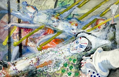 Großes Mischtechnik 20. Jh. Surrealistisches Abstrakt, Figuren & Gesichter. Signiert