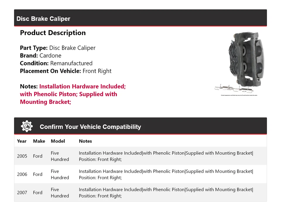 Pinza de freno de disco delantera derecha Cardone 2006 para Ford Five Hundred 2005-2007 Foto 2 de 4