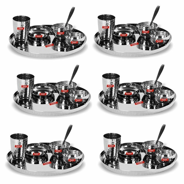 36 Pcs Stainless Steel Hammered Indian Dinner Thali Set Plate Spoon