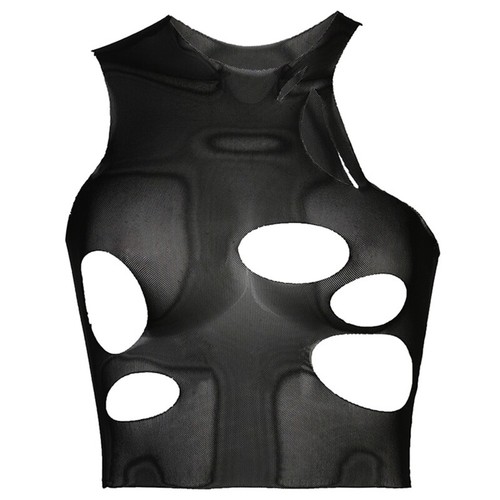Women Sleeveless Sheer Mesh Crop for Tank Top Sexy Ripped Hole Racerback Vest Sh - Picture 3 of 10