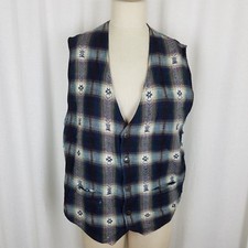 Vintage American Blue Southwestern Aztec Tribal Plaid Vest Mens M Waistcoat