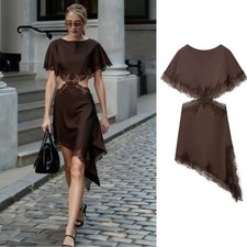 ZARA WOMAN NWT FW25 DARK BROWN ZW COLLECTION LACE CUT-OUT DRESS Size S 5919/213