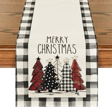 Waterclor Buffalo Plaid Christmas Trees Merry Xmas Table Runner, Seasonal Winter