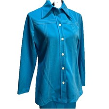 VTG 1970s Sears Retro Blue Stripe Dagger Collar Button Up Shirt Pants Disco
