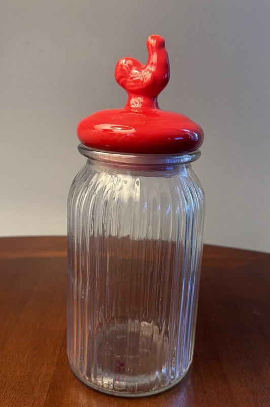 Glass Canister Jar w/ Ribbed Red Rooster Ceramic Lid | Farmhouse Kitchen Decor