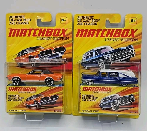 (2) MATCHBOX 2011 LESNEY EDITION CARS. '63 CADILLAC HEARSE & '68 MERCURY COUGAR