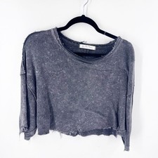 We The Free Distressed Waffle Knit Cropped Long Sleeve Top Charcoal Grey Medium