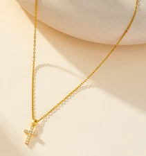 Womens Necklace Cross Pendant 18K Gold Plated Stainless Steel Chain Jewelry New