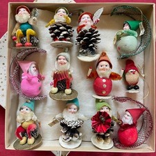 GREAT VINTAGE PINE CONE ELF CHRISTMAS ORNAMENT LOT: BOX OF 12 GREAT 1950s ELVES
