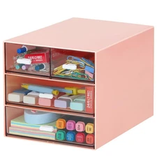 LETURE Desk Organizer 4 Drawers Clear Plastic Office Storage Pink