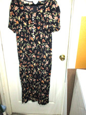 VTG Betsy Lauren Long Rayon Dress Navy Floral Pin Tuck Bodice Romantic - 11/12