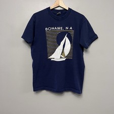 VTG Fruit Of The Loom Made In USA Navy Blue Bonaire, NA Shirt W/ Sailboat Size L