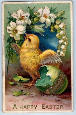1912 Easter Chick And Hatched Egg Lilies Flowers Gel Gold Gilt Antique Postcard