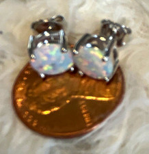 Silver Tone Round White Opal Stud Earrings Pr...