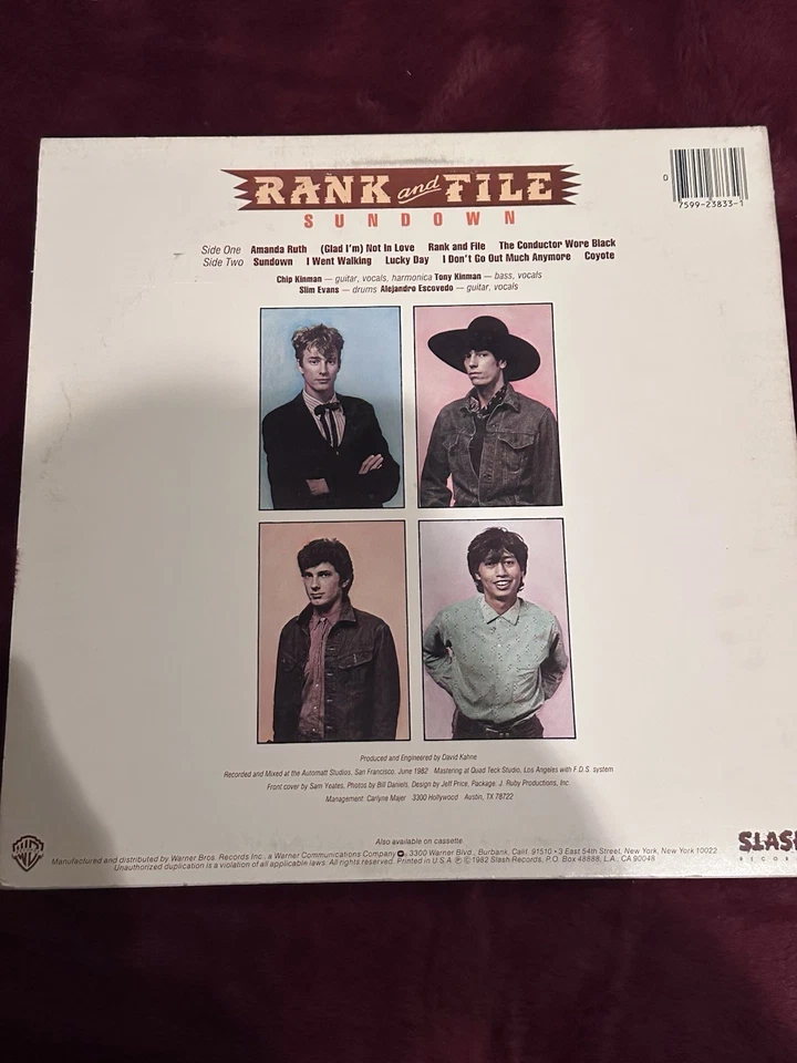 Rank and File – Sundown LP (1982 Slash/Warner Bros. 1-23833, VG, Country Punk - Image 2 of 4