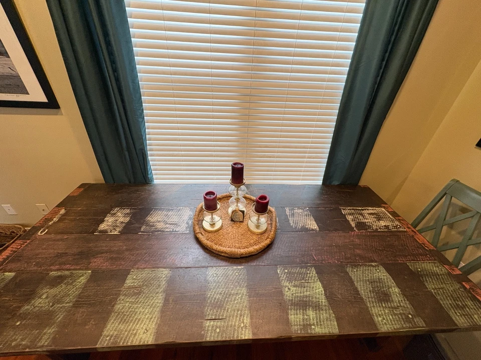 Gorgeous Rustic Wood & Wrought Iron 8 X 4 ft. Dining Table w/4 Chairs & Bench - Image 3 of 4