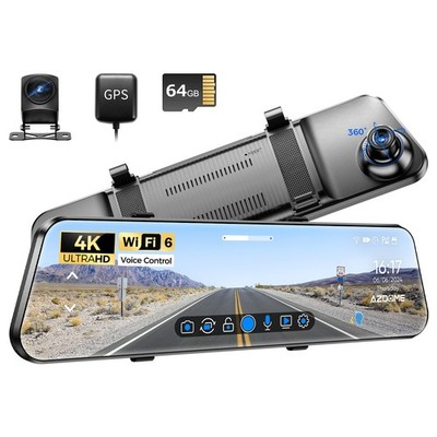 AZDOME 12''Spiegel-Dashcam GPS WiFi 6 4K+1080P Front-und Rückkamera 64GB SD-Karte
