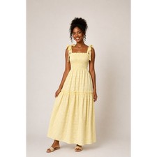 MABLE Yellow Gingham Checkered Smocked Maxi Dress Cute Summer Pockets M