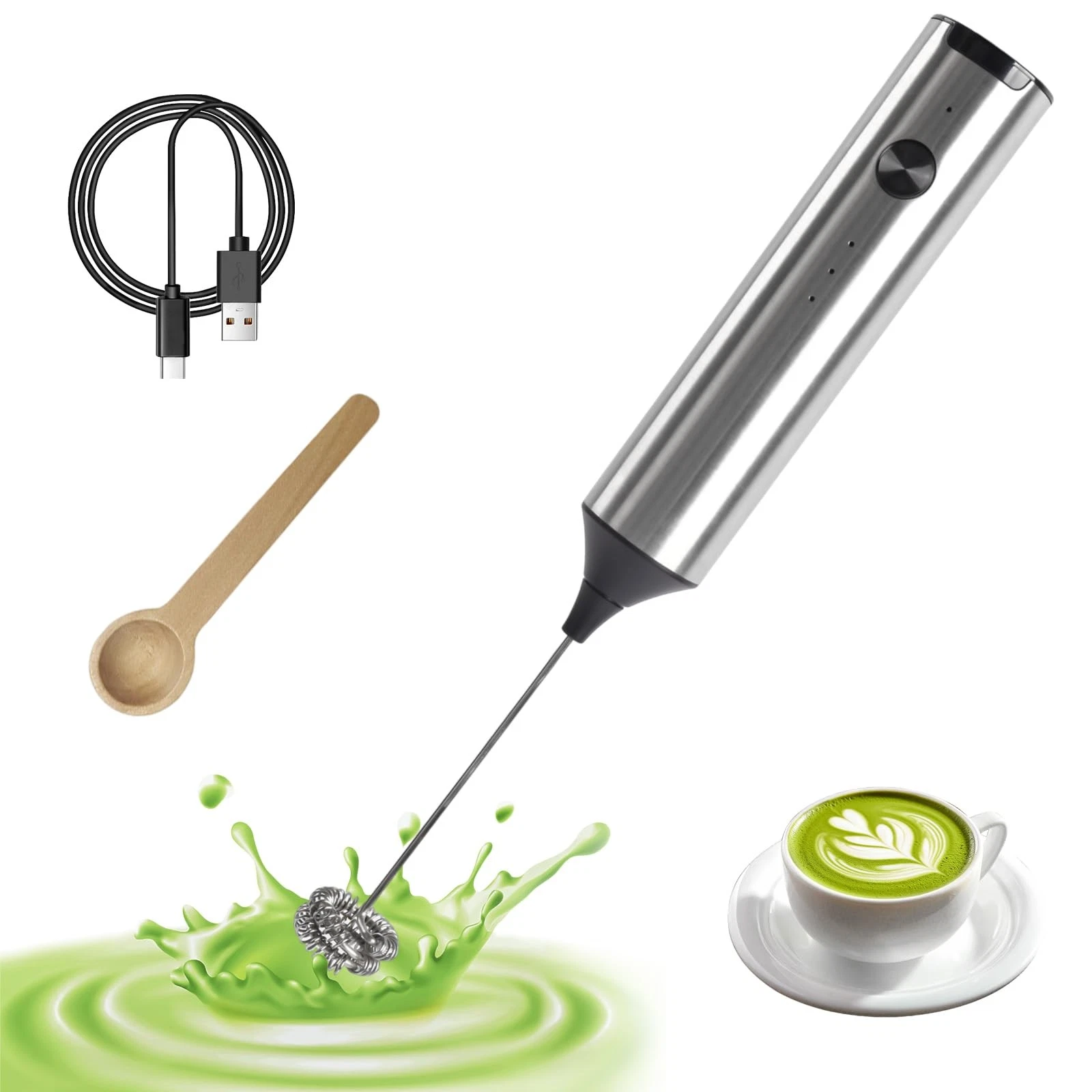 Electric Milk Frother Handheld with Small Wooden Spoon, Mini Coffee Frother W...