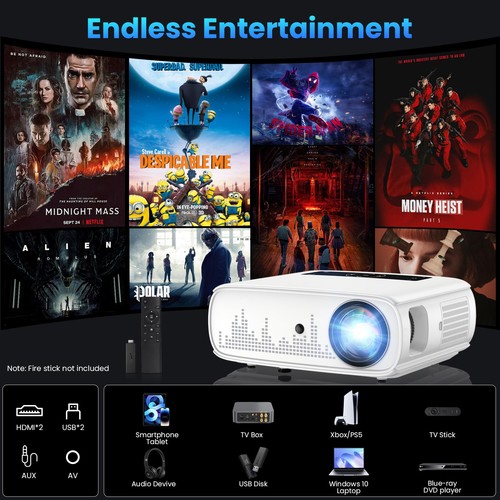 Projector, 15000lux 490ANSI Native 1080P WiFi Bluetooth Projector, 300'' Vide... - Picture 7 of 8