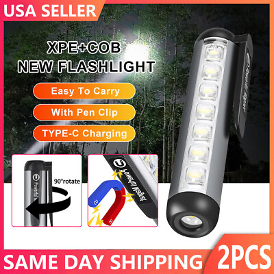 2PCS Mini LED Magnetic Rechargeable Pen XPE+COB Flashlights Work Pocket Light US