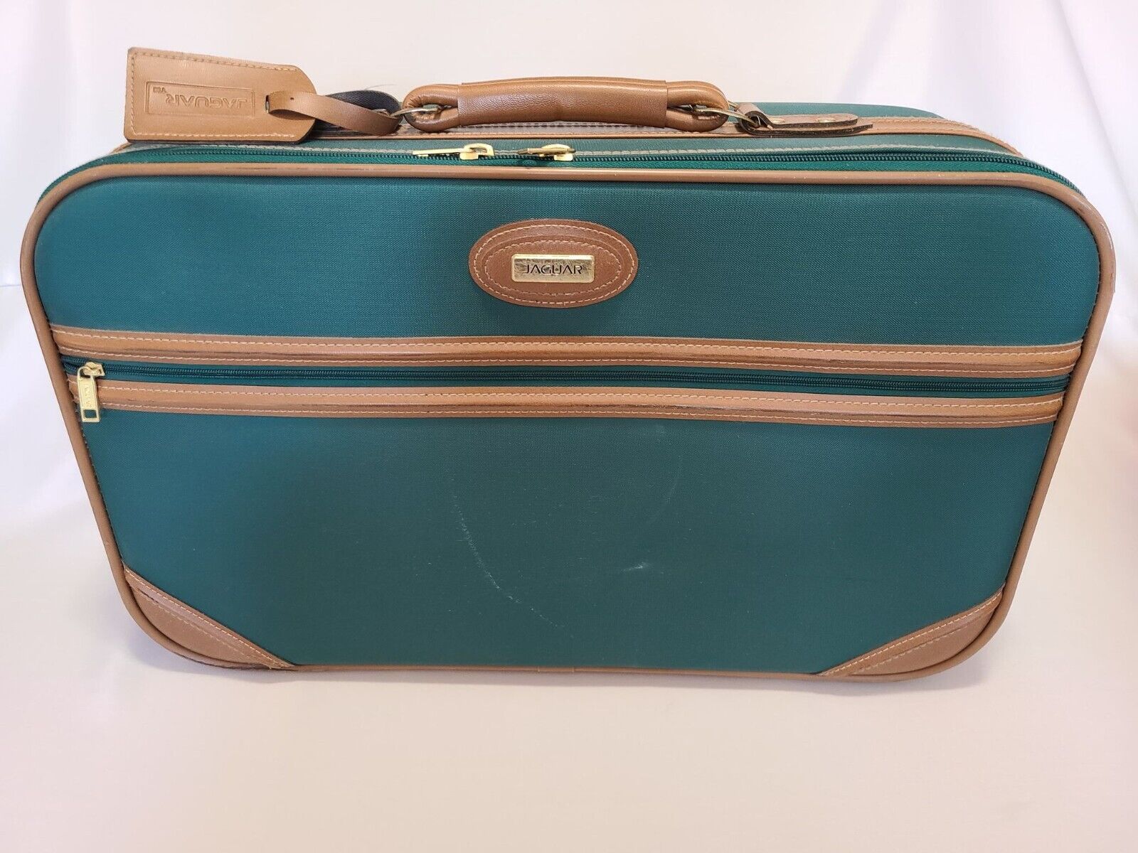 Vintage Jaguar GREEN Nylon / BROWN Leather Travel Bag Luggage Suit Case  Carry On