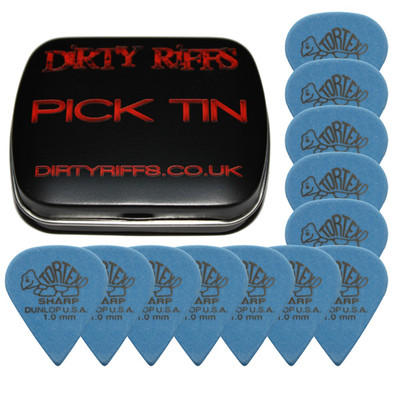 12 x Dunlop Tortex scharfe Gitarren-Plektren/Gitarrenplektren - 1,00 mm blau in einer Plektren-Dose
