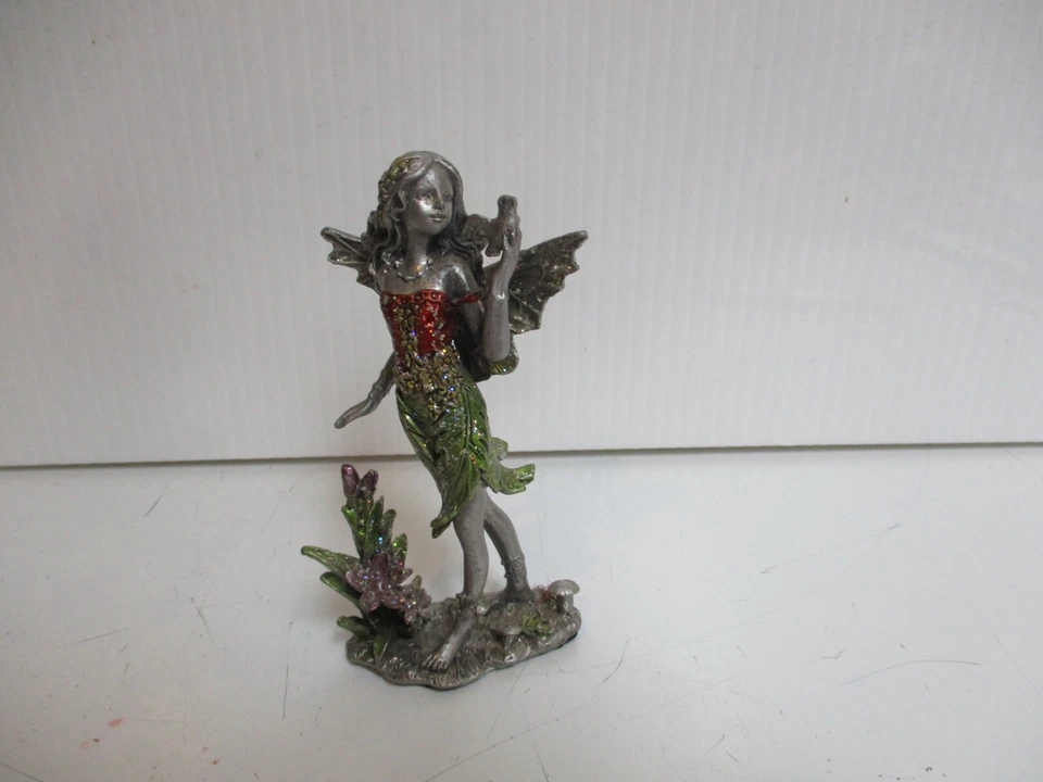 Pewter Fairy Figurine w Bird  Green & Red Dress Sparkly Stones 3" - Image 2 of 4