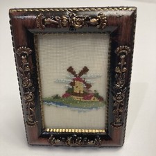 Windmill  Needle Point Tiny Picture 2.5&rdquo;x1.5&rdquo; & Frame