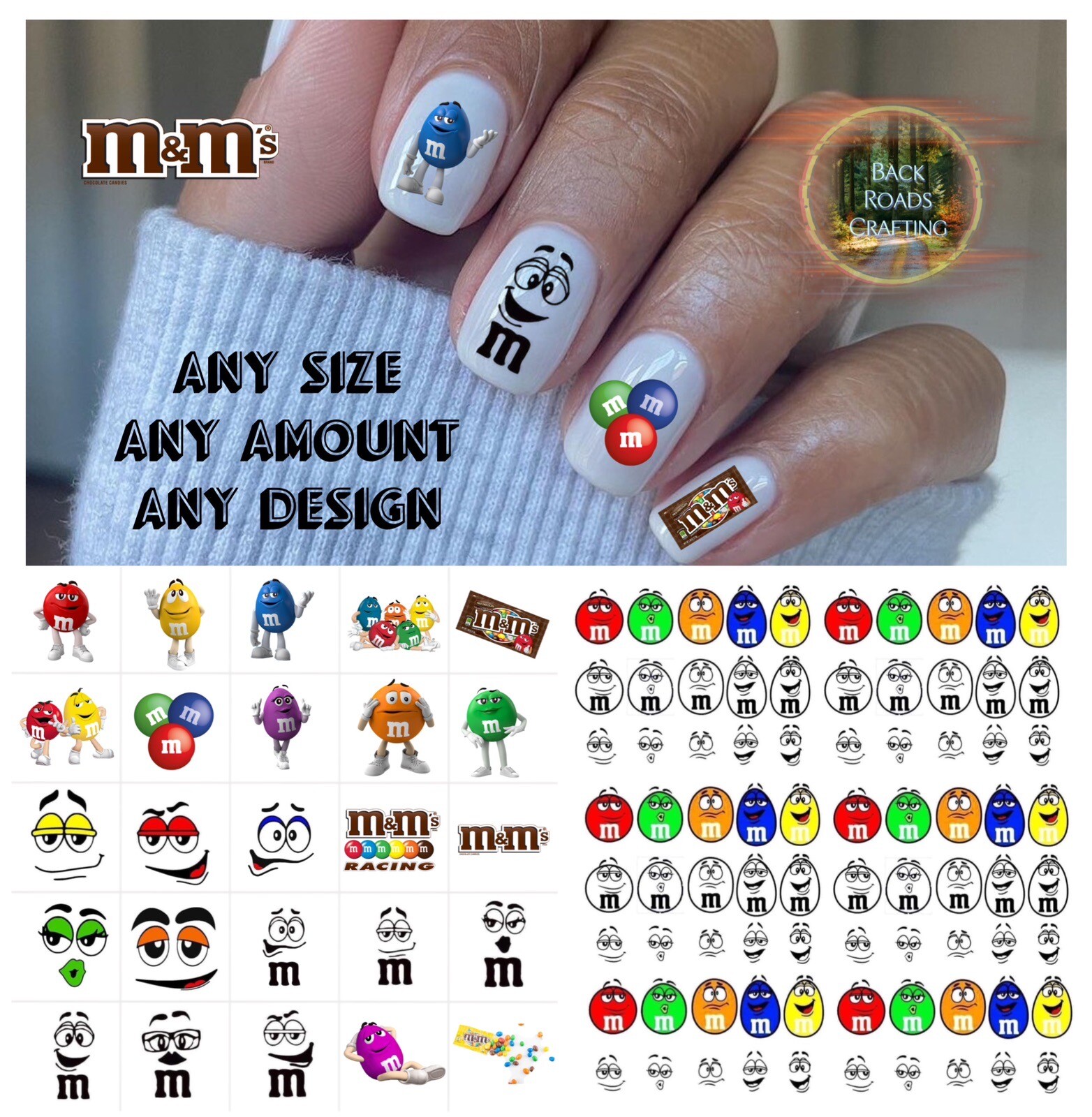 M&M's Waterslide Nail Decals Set of 50 with Instructions & Bonus Design