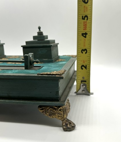 Vintage Blue Wooden INKWELL-Handmade-Brass Details-Footed-9 x 7 inches - 第 14/14 張圖片